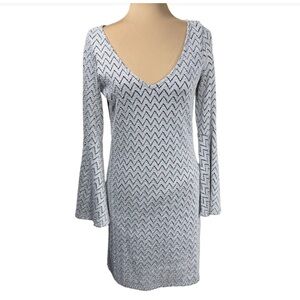 Chic Long flare Sleeve Chevron Dress in Gray,silver & black.  Figure flattering